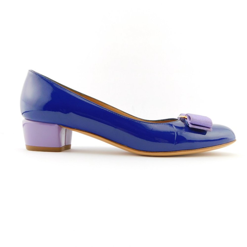 FERRAGAMO Vara Logo Bow Brilliant Blue & Lavender Patent Block Heel Pumps 6.5 - Picture 3 of 13